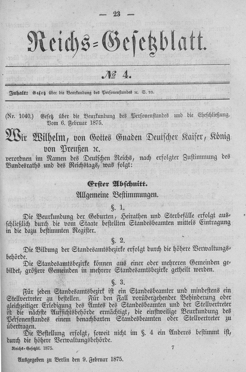 Erste Seite des Gesetzes über die Beurkundung des Personenstandes im Reichsgesetzblatt 1875